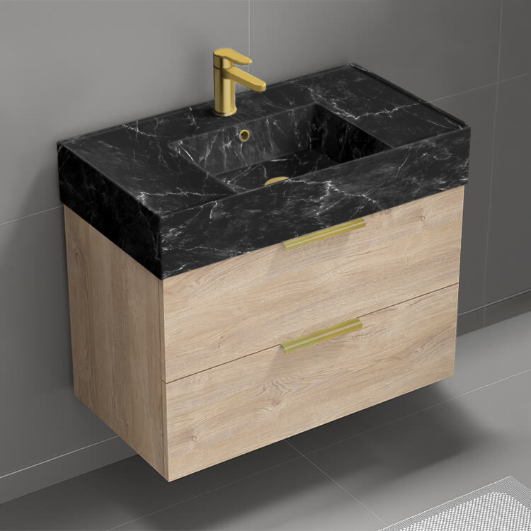 Bathroom Vanity Floating Bathroom Vanity, Modern, 32 Inch, Black Marble Style Sink, Gold Handles Nameeks DERIN880